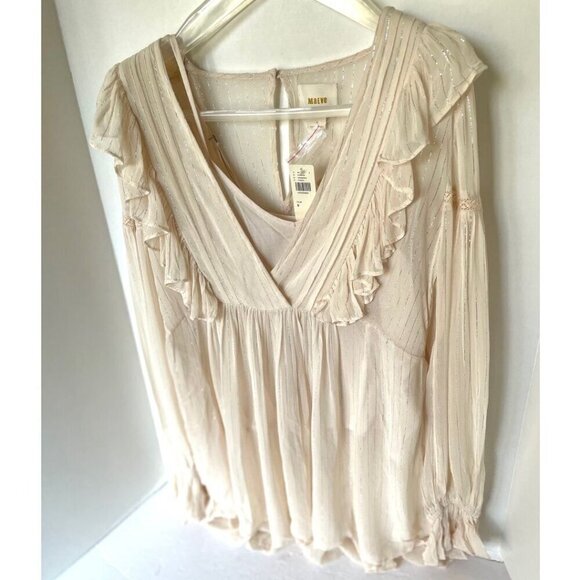 Anthropologie Ruffle Tunic Top Womens Ivory VNeck Long Sleeve Fairycore Metallic - Picture 8 of 12